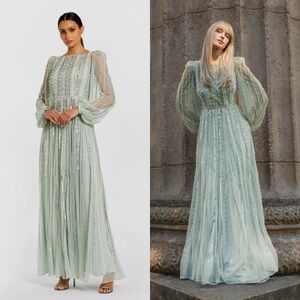 Mac Duggal 94081 Green Boat Neck Long Sleeve Beaded Gown Size 4 NWT